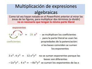 Multiplicación de expresiones
algebraicas
Para multiplicar dos términos o dividirlos
no es necesario que tengan la misma parte literal
 