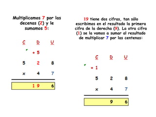 Multiplicamos 7 por las        19 tiene dos cifras, tan sólo
   decenas (2) y le       escribimos en el resultado la primera
      sumamos 5:          cifra de la derecha (9). La otra cifra
                           (1) se la vamos a sumar al resultado
                             de multiplicar 7 por las centenas:
 