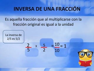 INVERSA DE UNA FRACCIÓN
Es aquella fracción que al multiplicarse con la
     fracción original es igual a la unidad

La inversa de
 2/5 es 5/2

                2   X   5   = 10 = 1
                5       2     10
 