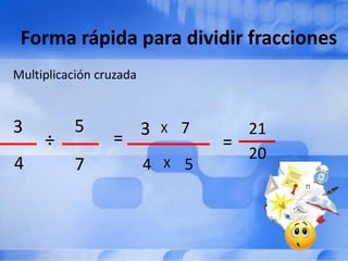 Forma rápida para dividir fracciones
Multiplicación cruzada


3         5        3         X   7     21
     ÷           =                   =
                                       20
4         7              4   X   5
 