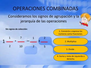 OPERACIONES COMBINADAS
      Consideramos los signos de agrupación y la
             jerarquía de las operaciones
    Sin signos de colección:
                                            1. Convierte y expresa los
                                            números como fracciones.
                   7
       1                   _   1       2
1            +                     X               2. Multiplica

       2           10          2       5
                                                     3. Divide .


                                           4. Suma y resta de izquierda a
                                                     derecha.
 