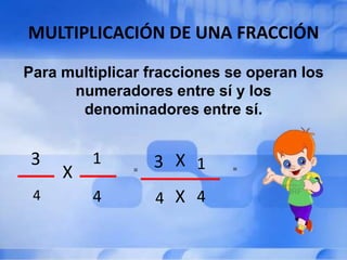 MULTIPLICACIÓN DE UNA FRACCIÓN

Para multiplicar fracciones se operan los
      numeradores entre sí y los
       denominadores entre sí.


 3       1         3 X 1
     X         =            =


 4       4         4 X 4
 