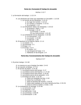 Parte Un: Formando El Testigo En Jerusalén

                                    Hechos 1:12-7

I. La formación del testigo: 1:12-2:4

       A. Los discípulos de Cristo que esperaban en Jerusalén: 1:12-26
              1. La reunión de los discípulos: 1:12-15
                      a. Su lugar de reunión: 1:12-13
                      b. Su número y nombres: 1:13-15
                      c. Su propósito: 1:14
              2. La exhortación dada a los discípulos: 1:15-22
                      a. El portavoz: Pedro: 1:15
                      b. El mensaje 1:16-22
                              (1) El Fondo: 1:16-20
                              (2) Las instrucciones: 1:21-22
              3. La contestación de los discípulos: 1:23-26
                      a. La nominación: 1:23
                      b. La oración: 1:14-25
                      c. La elección: 1:26
       B. El bautismo en el Espíritu Santo: 2:1-4
              1. La ocasión: 2:1
              2. Las personas: 2:1
              3. El lugar: 2:1
              4. El evento: 2:2-4
                      a. El viento: 2:2
                      b. Las lenguas de fuego: 2:3
                      c. Hablando en las lenguas: 2:4

               Parte Dos: Funcionamiento Del Testigo En Jerusalén

                                        Hechos 2:5-7

I. El primer testigo: 2:4-40

       A. La manera en que el testigo fue dado: 2:4-8
       B. La reacción al testigo: 2:7-13
       C. El sermón de Pedro: 2:14-36
               1. La profecía acerca del tiempo: 2:17
               2. La profecía acerca del Espíritu: 2: 17-18
               3. La profecía acerca del evento: 2:19-20
               4. La profecía acerca de la salvación: 2:21
               5. El trabajo de Jesús: 2:22-36
                       a. Jesús era aceptado de Dios: 2:22
                       b. Jesús fue crucificado: 2:23
                       c. Jesús se levantó del muerto: 2:24-32
                       d. Jesús está exaltado en la mano derecha de Dios: 2:33-35
                       e. Jesús es ahora el Señor y Cristo: 2:36
       D. La contestación al mensaje: 2:37-40
               1. La convicción: 2:37
               2. La pregunta: 2:37
               3. La instrucción: 2:38
               4. Las promesas: 2:38-39
               5. La exhortación: 2:40
 