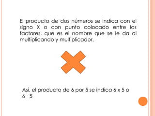 El producto de dos números se indica con el
signo X o con punto colocado entre los
factores, que es el nombre que se le da al
multiplicando y multiplicador.




Así, el producto de 6 por 5 se indica 6 x 5 o
6·5
 