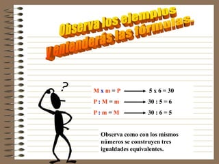 Mxm=P            5 x 6 = 30
P:M= m           30 : 5 = 6
P:m =M           30 : 6 = 5


 Observa como con los mismos
 números se construyen tres
 igualdades equivalentes.
 