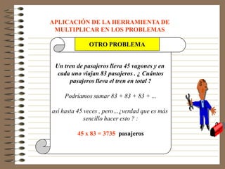 APLICACIÓN DE LA HERRAMIENTA DE
 MULTIPLICAR EN LOS PROBLEMAS

              OTRO PROBLEMA


 Un tren de pasajeros lleva 45 vagones y en
  cada uno viajan 83 pasajeros . ¿ Cuántos
      pasajeros lleva el tren en total ?

    Podríamos sumar 83 + 83 + 83 + ...

así hasta 45 veces , pero…¿verdad que es más
             sencillo hacer esto ? :

         45 x 83 = 3735 pasajeros
 