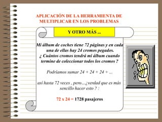 APLICACIÓN DE LA HERRAMIENTA DE
 MULTIPLICAR EN LOS PROBLEMAS

                Y OTRO MÁS ...

Mi álbum de coches tiene 72 páginas y en cada
     una de ellas hay 24 cromos pegados.
 ¿ Cuántos cromos tendrá mi álbum cuando
  termine de coleccionar todos los cromos ?

     Podríamos sumar 24 + 24 + 24 + ...

así hasta 72 veces , pero…¿verdad que es más
             sencillo hacer esto ? :

          72 x 24 = 1728 pasajeros
 