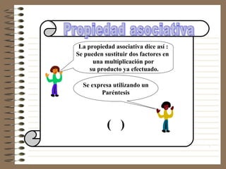 La propiedad asociativa dice así :
Se pueden sustituir dos factores en
      una multiplicación por
     su producto ya efectuado.

  Se expresa utilizando un
         Paréntesis




           ( )
 