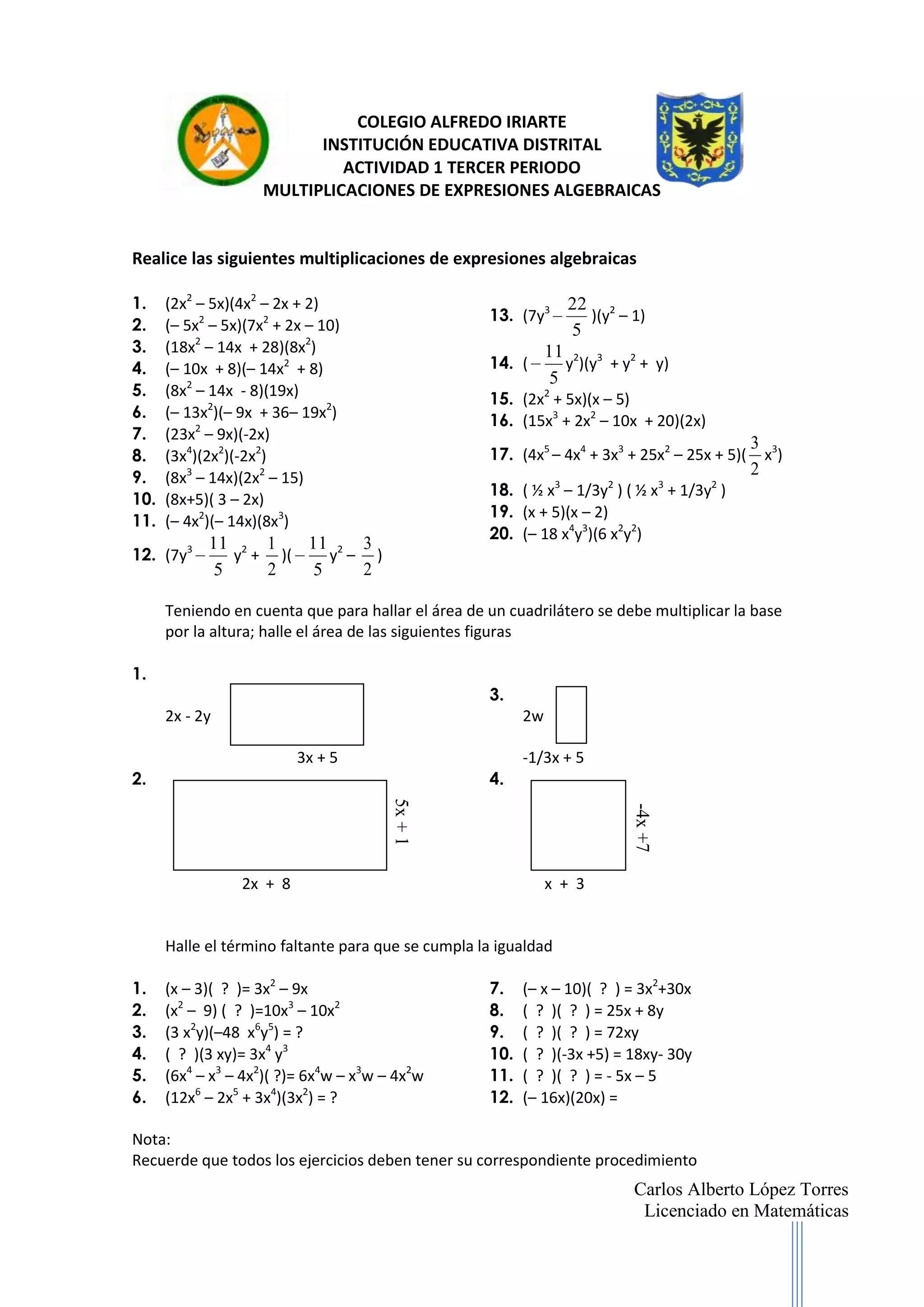 Multiplicaciones de expresiones algebraicas | DOCX | Education