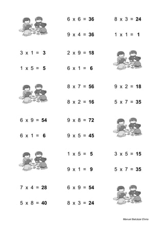 1 + 9 = 10 6 x 6 = 36 8 x 3 = 24
7 + 9 = 16 9 x 4 = 36 1 x 1 = 1
3 x 1 = 3 2 x 9 = 18 3 + 5 = 8
1 x 5 = 5 6 x 1 = 6 8 + 6 = 14
3 + 5 = 8 8 x 7 = 56 9 x 2 = 18
2 + 3 = 5 8 x 2 = 16 5 x 7 = 35
6 x 9 = 54 9 x 8 = 72 2 + 1 = 3
6 x 1 = 6 9 x 5 = 45 9 + 9 = 18
4 + 1 = 5 1 x 5 = 5 3 x 5 = 15
9 + 2 = 11 9 x 1 = 9 5 x 7 = 35
7 x 4 = 28 6 x 9 = 54 2 + 4 = 6
5 x 8 = 40 8 x 3 = 24 1 + 9 = 10
Manuel Balcázar Elvira
 