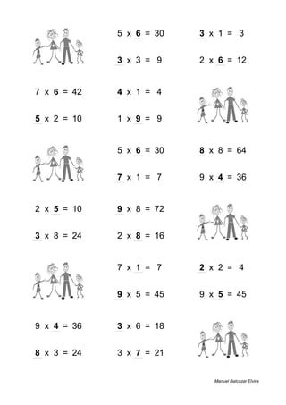 2 + 1 = 3 5 x 6 = 30 3 x 1 = 3
1 + 8 = 9 3 x 3 = 9 2 x 6 = 12
7 x 6 = 42 4 x 1 = 4 8 + 4 = 12
5 x 2 = 10 1 x 9 = 9 7 + 3 = 10
9 + 7 = 16 5 x 6 = 30 8 x 8 = 64
8 + 2 = 10 7 x 1 = 7 9 x 4 = 36
2 x 5 = 10 9 x 8 = 72 7 + 8 = 15
3 x 8 = 24 2 x 8 = 16 9 + 4 = 13
7 + 7 = 14 7 x 1 = 7 2 x 2 = 4
7 + 2 = 9 9 x 5 = 45 9 x 5 = 45
9 x 4 = 36 3 x 6 = 18 7 + 1 = 8
8 x 3 = 24 3 x 7 = 21 1 + 4 = 5
Manuel Balcázar Elvira
 