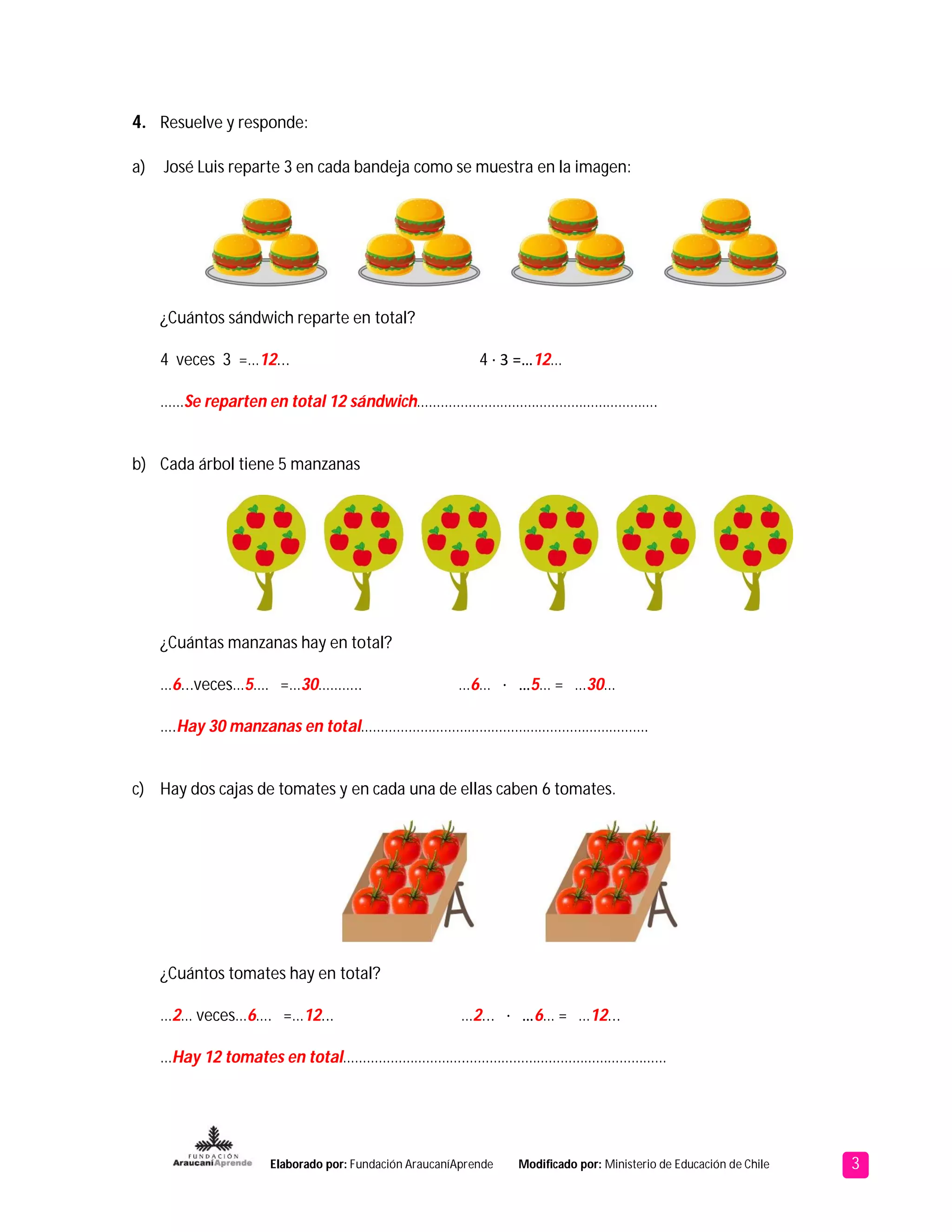 3Elaborado por: Fundación AraucaníAprende Modificado por: Ministerio de Educación de Chile
4. Resuelve y responde:
a) José Luis reparte 3 en cada bandeja como se muestra en la imagen:
¿Cuántos sándwich reparte en total?
4 veces 3 =…12... 4 ∙ 3 =…12…
……Se reparten en total 12 sándwich…………………………………………………….
b) Cada árbol tiene 5 manzanas
¿Cuántas manzanas hay en total?
…6...veces…5…. =…30……….. …6… ∙ …5… = …30…
….Hay 30 manzanas en total……………………………………………………………….
c) Hay dos cajas de tomates y en cada una de ellas caben 6 tomates.
¿Cuántos tomates hay en total?
…2… veces…6…. =…12... …2... ∙ …6… = …12...
…Hay 12 tomates en total………………………….……………………………………………
 
