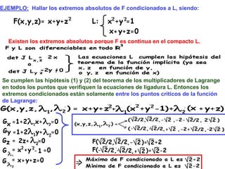 EJEMPLO: Hallar los extremos absolutos de F condicionados a L, siendo:
Existen los extremos absolutos porque F es continua en el compacto L.
Se cumplen las hipótesis (1) y (2) del teorema de los multiplicadores de Lagrange
en todos los puntos que verifiquen la ecuaciones de ligadura L. Entonces los
extremos condicionados están solamente entre los puntos críticos de la función
de Lagrange:
 
