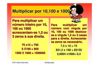 Multiplicar por 10,100 e 1000

Para multiplicar um
número inteiro por 10,          Para      multiplicar   um
                                número com vírgula por
100 ou 1000
                                10, 100 ou 1000 desloca-
acrescentam-se 1,2 ou
                                se a vírgula 1,2 ou 3 casas
3 zeros à sua direita.
                                para a direita. Acrescenta-
                                se zeros se necessário.
        75 x10 = 750                    7,5 x 10 = 75
       8 X100 = 800                 831,5 x 100 = 83150
   1500 X 1000 = 1500000             0,0004 x1000= 0,4

Profª Helena Borralho   Multiplicação