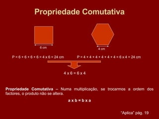 Propriedade Comutativa 6 cm 4 cm P = 6 + 6 + 6 + 6 = 4 x 6 = 24 cm P = 4 + 4 + 4 + 4 + 4 + 4 = 6 x 4 = 24 cm 4 x 6 = 6 x 4 Propriedade Comutativa  – Numa multiplicação, se trocarmos a ordem dos factores, o produto não se altera. a x b = b x a “ Aplica” pág. 19 
