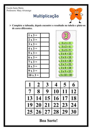 1 x 3 =
2 x 3 =
3 x 3 =
4 x 3 =
5 x 3 =
6 x 3 =
7 x 3 =
8 x 3 =
9 x 3 =
10 x 3 =
1 2 3 4 5 6
7 8 9 10 11 12
13 14 15 16 17 18
19 20 21 22 23 24
25 26 27 28 29 30
Escola Santa Maria
Professora: Mary Alvarenga
Multiplicação
➢ Complete a tabuada, depois encontre o resultado na tabela e pinte-os
de cores diferentes.
Boa Sorte!
 