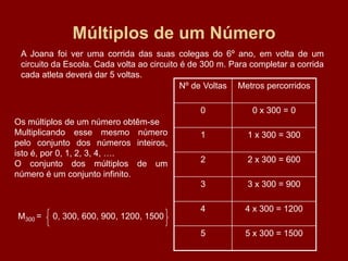 Múltiplos de um Número
 A Joana foi ver uma corrida das suas colegas do 6º ano, em volta de um
 circuito da Escola. Cada volta ao circuito é de 300 m. Para completar a corrida
 cada atleta deverá dar 5 voltas.
                                            Nº de Voltas Metros percorridos

                                               0             0 x 300 = 0
Os múltiplos de um número obtêm-se
Multiplicando esse mesmo número                1            1 x 300 = 300
pelo conjunto dos números inteiros,
isto é, por 0, 1, 2, 3, 4, ….
O conjunto dos múltiplos de um                 2            2 x 300 = 600
número é um conjunto infinito.
                                               3            3 x 300 = 900

                                               4           4 x 300 = 1200
M300 =   0, 300, 600, 900, 1200, 1500
                                               5           5 x 300 = 1500
 