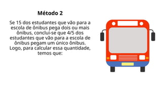 Método 2
Se 15 dos estudantes que vão para a
escola de ônibus pega dois ou mais
ônibus, conclui-se que 4/5 dos
estudantes que vão para a escola de
ônibus pegam um único ônibus.
Logo, para calcular essa quantidade,
temos que:
 