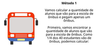 Método 1
Vamos calcular a quantidade de
alunos que vão para a escola de
ônibus e pegam apenas um
ônibus.
Primeiro, vamos encontrar a
quantidade de alunos que vão
para a escola de ônibus. Como
1/4 dos 40 estudantes vão de
ônibus, podemos calcular:
 