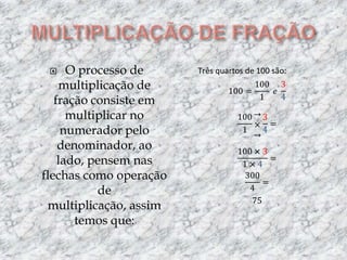 MULTIPLICAÇÃO DE FRAÇÃOO processo de multiplicação de fração consiste em multiplicar no numerador pelo denominador, ao lado, pensem nas flechas como operação de multiplicação, assim temos que: