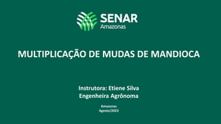 MULTIPLICAÇÃO DE MUDAS DE MANDIOCA
Instrutora: Etiene Silva
Engenheira Agrônoma
Amazonas
Agosto/2023
 
