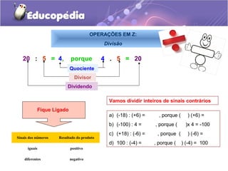 OPERAÇÕES EM Z:
                                            Divisão


   20 : 5 = 4,             porque           4 . 5 = 20
                           Quociente
                             Divisor
                          Dividendo

                                              Vamos dividir inteiros de sinais contrários
           Fique Ligado
                                             a) (-18) : (+6) =     , porque (     ) (+6) =
                                             b) (-100) : 4 =     , porque (      )x 4 = -100
                                             c) (+18) : (-6) =    , porque (      ) (-6) =
Sinais dos números   Resultado do produto
                                             d) 100 : (-4) =     , porque (     ) (-4) = 100
      iguais               positivo

    diferentes             negativo
 