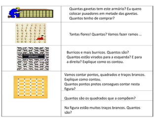 Quantas gavetas tem este armário? Eu quero
colocar puxadores em metade das gavetas.
Quantos tenho de comprar?
Tantas flores! Quantas? Vamos fazer ramos …
Burricos e mais burricos. Quantos são?
Quantos estão virados para a esquerda? E para
a direita? Explique como os contou.
Vamos contar pontos, quadrados e traços brancos.
Explique como contou.
Quantos pontos pretos consegues contar nesta
figura?
Quantos são os quadrados que a compõem?
Na figura estão muitos traços brancos. Quantos
são?
 