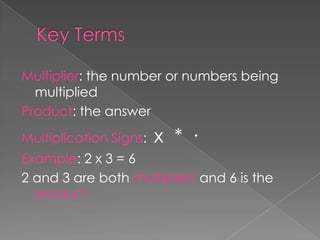 Key TermsMultiplier: the number or numbers being multipliedProduct: the answerMultiplication Signs: x * ∙Example: 2 x 3 = 62 and 3 are bothmultipliers and 6 is the product
