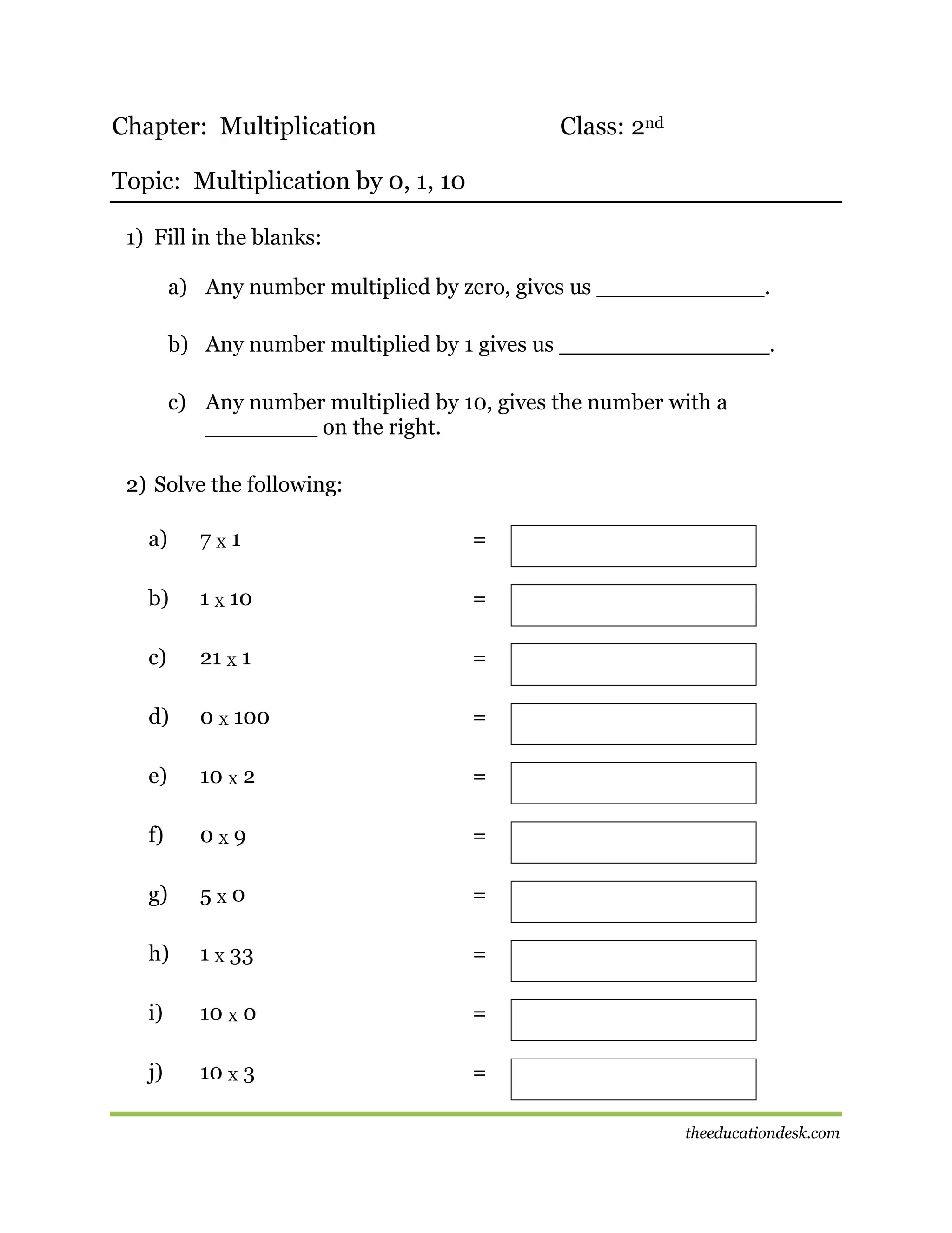 Chapter: Multiplication

Class: 2nd

Topic: Multiplication by 0, 1, 10
1) Fill in the blanks:
a) Any number multiplied by zero, gives us ____________.
b) Any number multiplied by 1 gives us _______________.
c) Any number multiplied by 10, gives the number with a
________ on the right.
2) Solve the following:
a)

7X1

=

b)

1 X 10

=

c)

21 X 1

=

d)

0 X 100

=

e)

10 X 2

=

f)

0X9

=

g)

5X0

=

h)

1 X 33

=

i)

10 X 0

=

j)

10 X 3

=
theeducationdesk.com

 