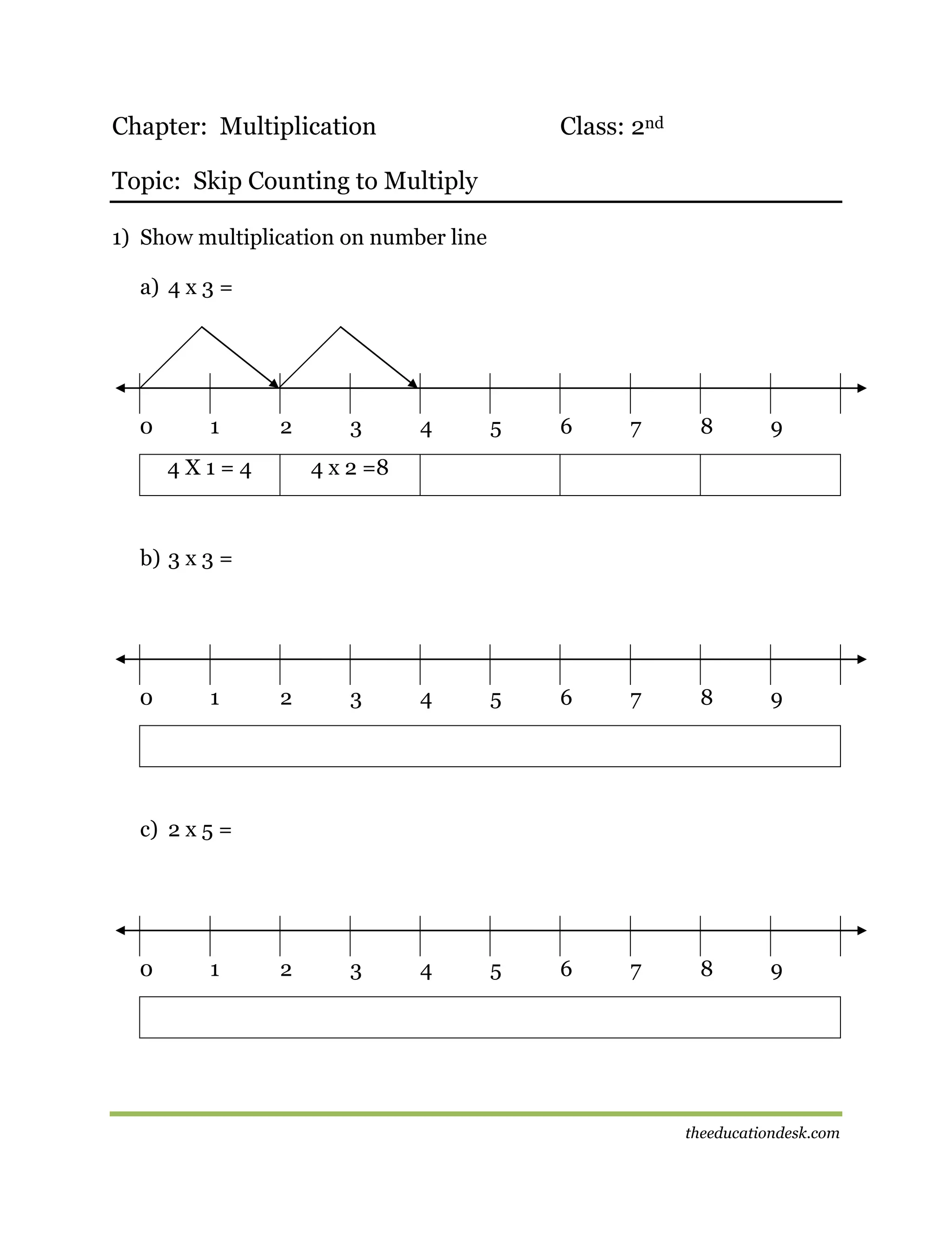 Chapter: Multiplication

Class: 2nd

Topic: Skip Counting to Multiply
1) Show multiplication on number line
a) 4 x 3 =

0

1

2

4X1=4

3

4

5

6

7

8

9

4 x 2 =8

b) 3 x 3 =

0

1

2

3

4

5

6

7

8

9

2

3

4

5

6

7

8

9

c) 2 x 5 =

0

1

theeducationdesk.com

 
