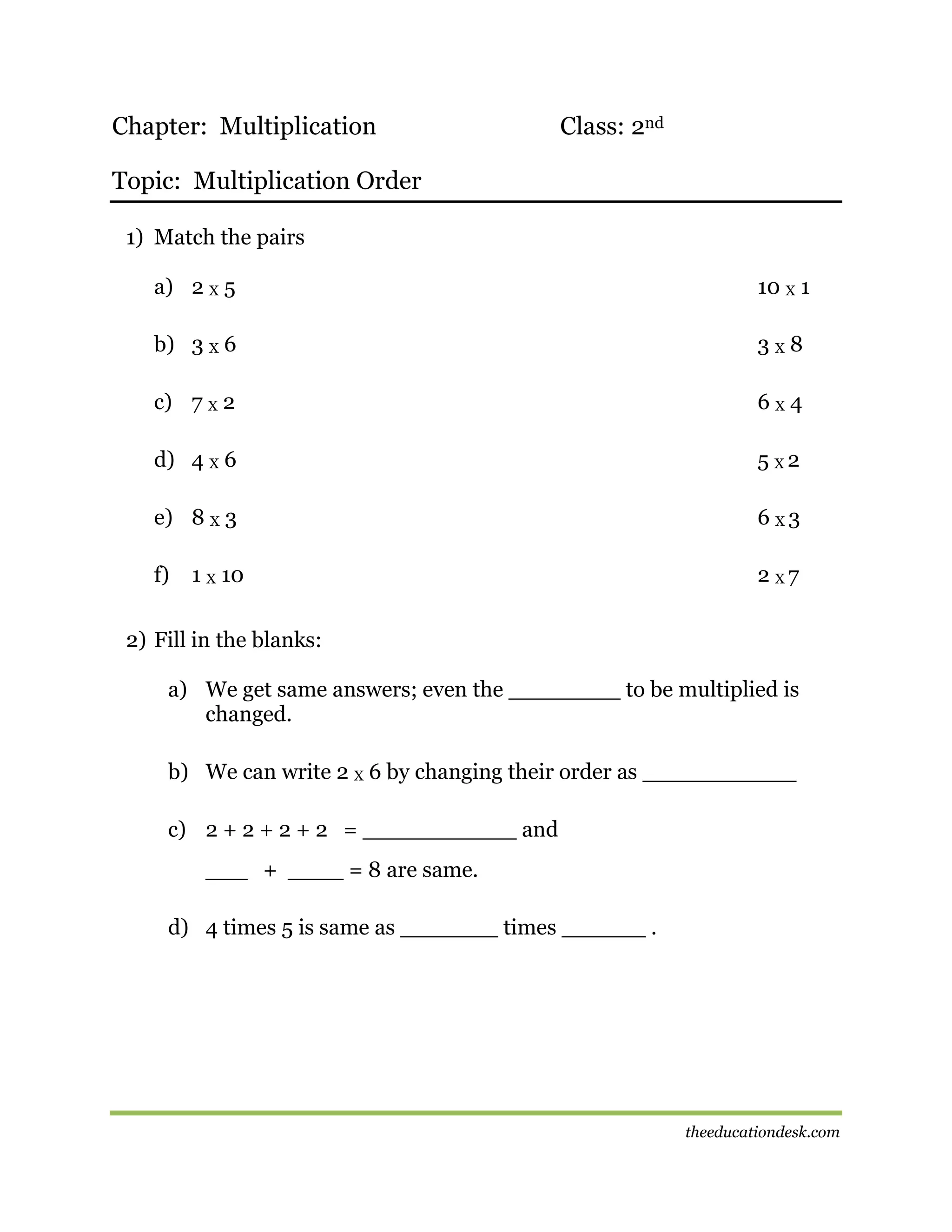 Chapter: Multiplication

Class: 2nd

Topic: Multiplication Order
1) Match the pairs
a) 2 X 5

10 X 1

b) 3 X 6

3X8

c) 7 X 2

6X4

d) 4 X 6

5 X2

e) 8 X 3

6 X3

f)

2 X7

1 X 10

2) Fill in the blanks:
a) We get same answers; even the ________ to be multiplied is
changed.
b) We can write 2 X 6 by changing their order as ___________
c) 2 + 2 + 2 + 2 = ___________ and
___ + ____ = 8 are same.
d) 4 times 5 is same as _______ times ______ .

theeducationdesk.com

 