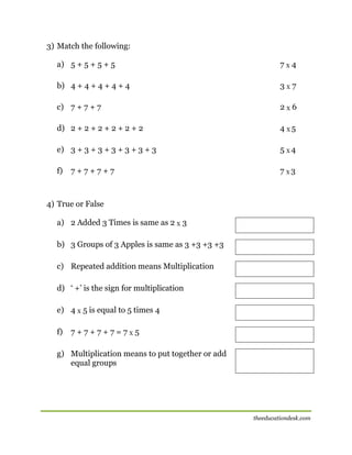 3) Match the following:
a) 5 + 5 + 5 + 5

7X4

b) 4 + 4 + 4 + 4 + 4

3X7

c) 7 + 7 + 7

2X6

d) 2 + 2 + 2 + 2 + 2 + 2

4 X5

e) 3 + 3 + 3 + 3 + 3 + 3 + 3

5 X4

f)

7 X3

7+7+7+7

4) True or False
a) 2 Added 3 Times is same as 2 X 3
b) 3 Groups of 3 Apples is same as 3 +3 +3 +3
c) Repeated addition means Multiplication
d) ‘ +’ is the sign for multiplication
e) 4 X 5 is equal to 5 times 4
f)

7+7+7+7=7X5

g) Multiplication means to put together or add
equal groups

theeducationdesk.com

 