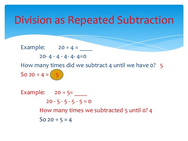 Multiplication as repeated addition and Division as repeated subtract…