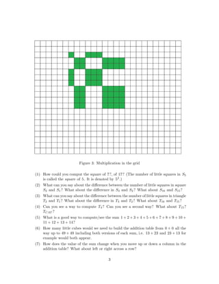 Figure 3: Multiplication in the grid
(1) How could you comput the square of 7?, of 17? (The number of little squares in S5
is called the square of 5. It is denoted by 52 .)
(2) What can you say about the diﬀerence between the number of little squares in square
S2 and S1 ? What about the diﬀerence in S3 and S2 ? What about S16 and S15 ?
(3) What can you say about the diﬀerence between the number of little squares in triangle
T2 and T1 ? What about the diﬀerence in T3 and T2 ? What about T16 and T15 ?
(4) Can you see a way to compute T4 ? Can you see a second way? What about T15 ?
TCAT ?
(5) What is a good way to compute/see the sum 1 + 2 + 3 + 4 + 5 + 6 + 7 + 8 + 9 + 10 +
11 + 12 + 13 + 14?
(6) How many little cubes would we need to build the addition table from 0 + 0 all the
way up to 49 + 49 including both versions of each sum, i.e. 13 + 23 and 23 + 13 for
example would both appear.
(7) How does the value of the sum change when you move up or down a column in the
addition table? What about left or right across a row?
3
 