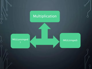 Multiplication
MUL(unsinged
)
IMUL(singed)
 