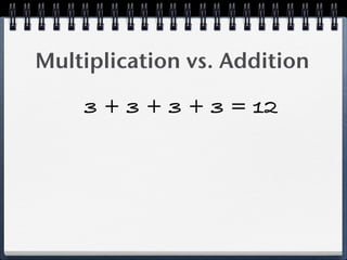 Multiplication vs. Addition

    3 + 3 + 3 + 3 = 12
 