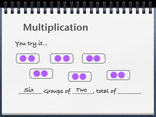 Multiplication
You try it...




   Six                 Two
 _________ Groups of ________, total of _________
 
