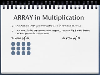 ARRAY in Multiplication
   An Array is when you arrange the pieces in rows and columns

   An array is like the Commutative Property, you can flip flop the factors
   and the product is still the same

3 row of 4                                     4 row of 3
 