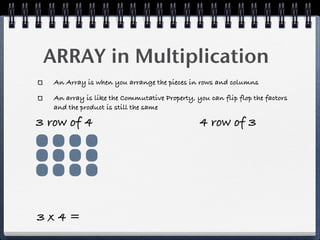 ARRAY in Multiplication
   An Array is when you arrange the pieces in rows and columns

   An array is like the Commutative Property, you can flip flop the factors
   and the product is still the same

3 row of 4                                     4 row of 3




3x4=
 