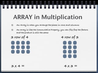 ARRAY in Multiplication
   An Array is when you arrange the pieces in rows and columns

   An array is like the Commutative Property, you can flip flop the factors
   and the product is still the same

3 row of 4                                     4 row of 3




3x4=                                              4x3=
 