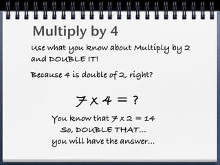Multiply by 4
Use what you know about Multiply by 2
and DOUBLE IT!
Because 4 is double of 2, right?

           7x4=?
     You know that 7 x 2 = 14
       So, DOUBLE THAT...
     you will have the answer...
 