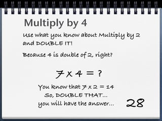 Multiply by 4
Use what you know about Multiply by 2
and DOUBLE IT!
Because 4 is double of 2, right?

           7x4=?
     You know that 7 x 2 = 14
       So, DOUBLE THAT...
     you will have the answer...   28
 