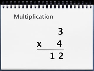 Multiplication

           3
        x  4
          12
 