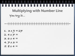 Multiplying with Number Line
   You try it...



1. 3 x 9 = 27
2. 4 x 7 =
3. 6 x 4 =
4. 7 x 3 =
5. 8 x 4 =
 
