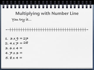 Multiplying with Number Line
   You try it...



1. 3 x 9 = 27
2. 4 x 7 = 28
3. 6 x 4 =
4. 7 x 3 =
5. 8 x 4 =
 