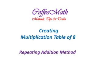 CoffeeMath
     Methods, Tips & Tricks


        Creating
Multiplication Table of 8

Repeating Addition Method
 