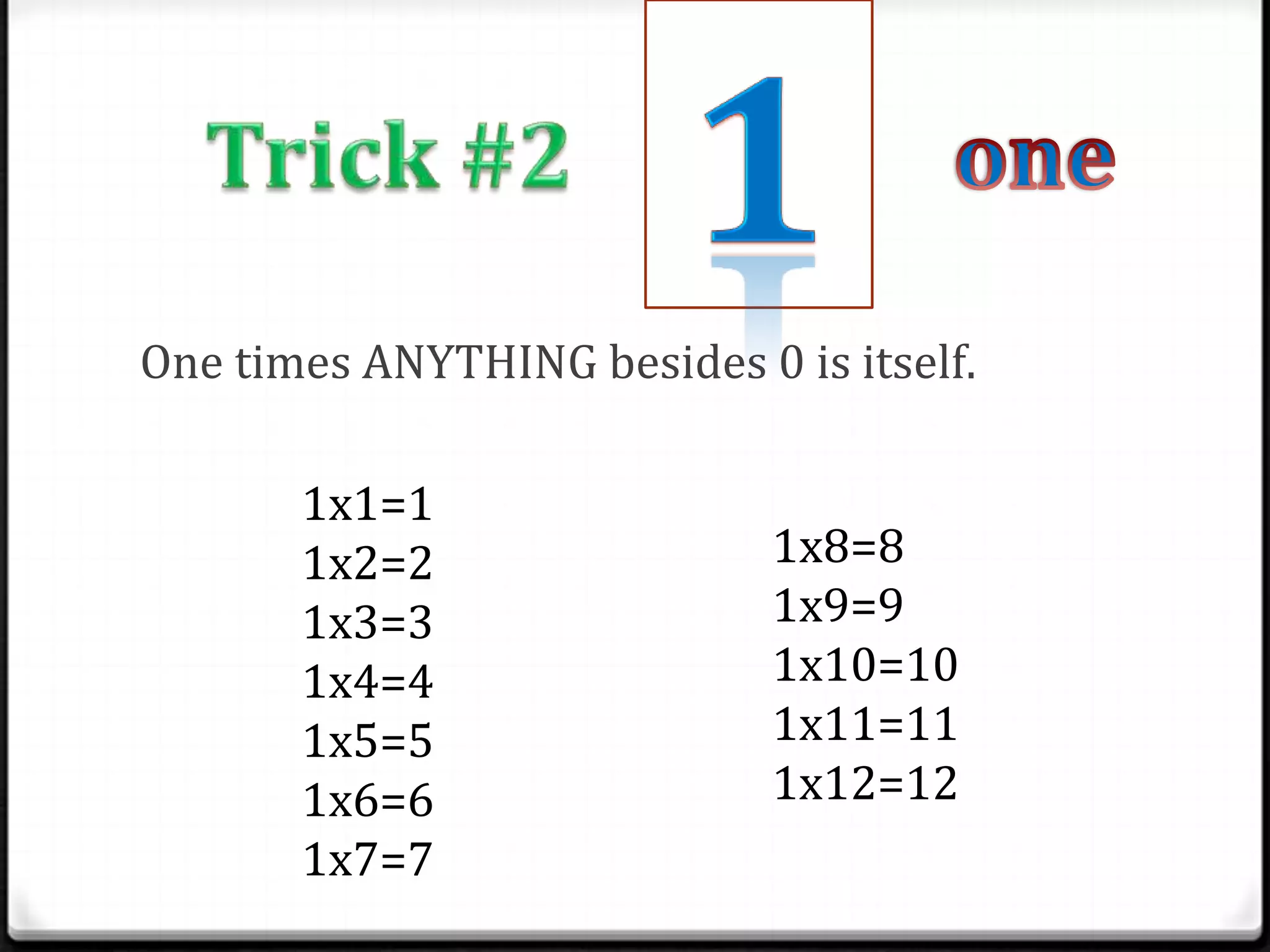 One times ANYTHING besides 0 is itself.

       1x1=1
       1x2=2                 1x8=8
       1x3=3                 1x9=9
       1x4=4                 1x10=10
       1x5=5                 1x11=11
       1x6=6                 1x12=12
       1x7=7
 