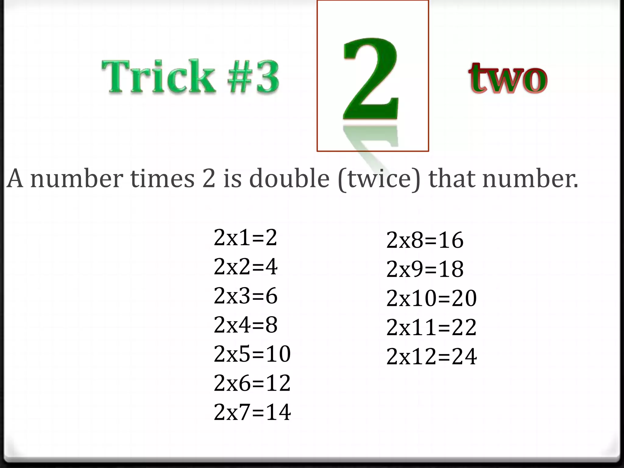 A number times 2 is double (twice) that number.

                2x1=2          2x8=16
                2x2=4          2x9=18
                2x3=6          2x10=20
                2x4=8          2x11=22
                2x5=10         2x12=24
                2x6=12
                2x7=14
 
