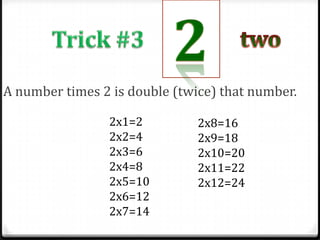 A number times 2 is double (twice) that number.

                2x1=2          2x8=16
                2x2=4          2x9=18
                2x3=6          2x10=20
                2x4=8          2x11=22
                2x5=10         2x12=24
                2x6=12
                2x7=14
 