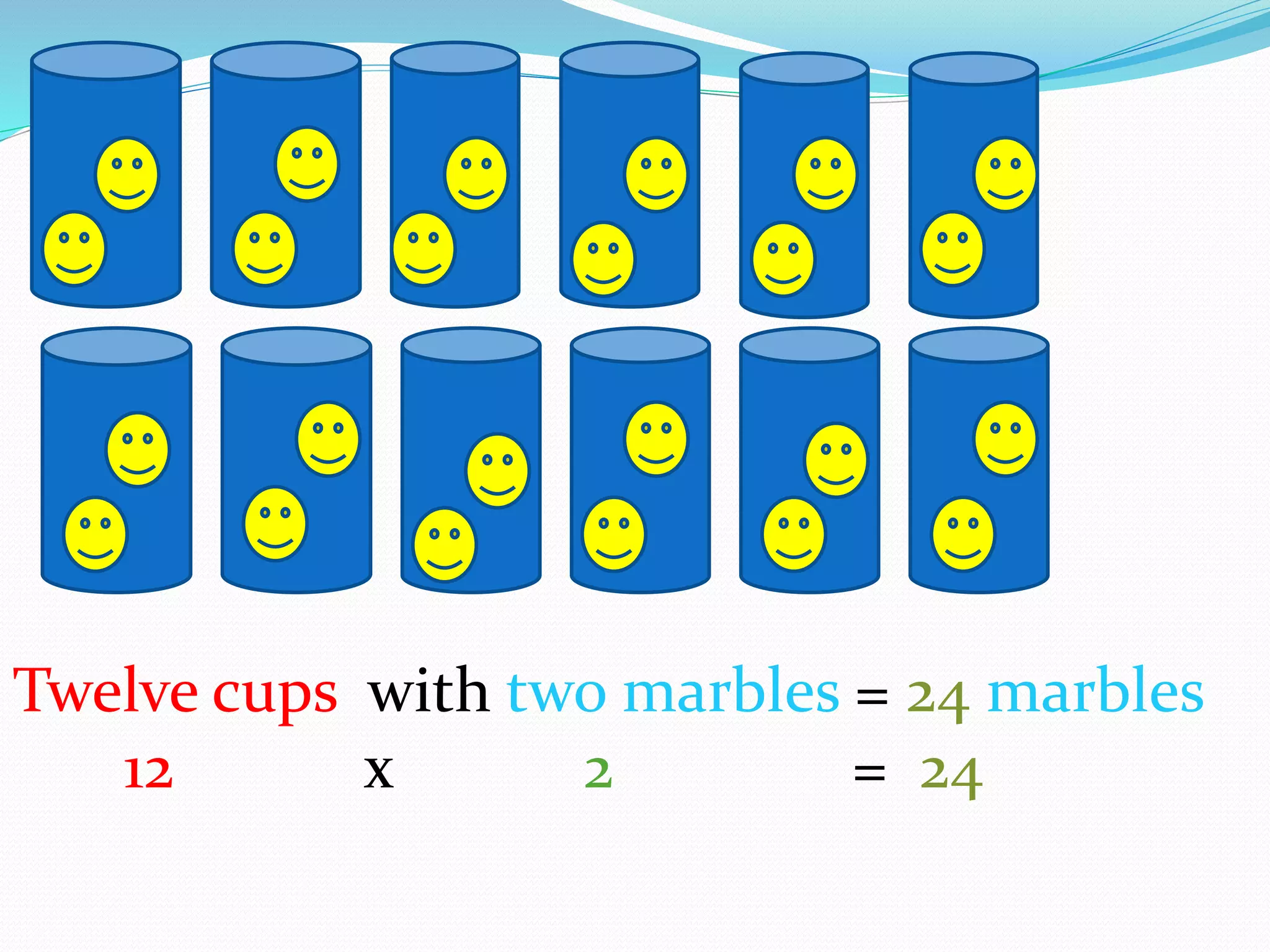 Twelve cups with two marbles = 24 marbles
12 x 2 = 24
 